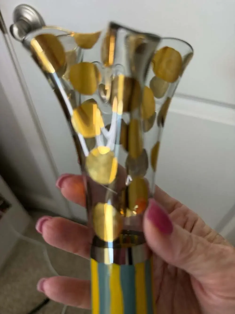 MacKenzie-Childs Circus Collection Ruffled Bud Vase with Gold Polka Dots and Str